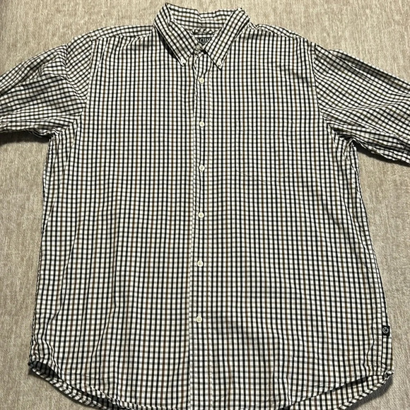 Chaps Mens XL button up short sleeve plaid shirt brown navy cream - Picture 1 of 6